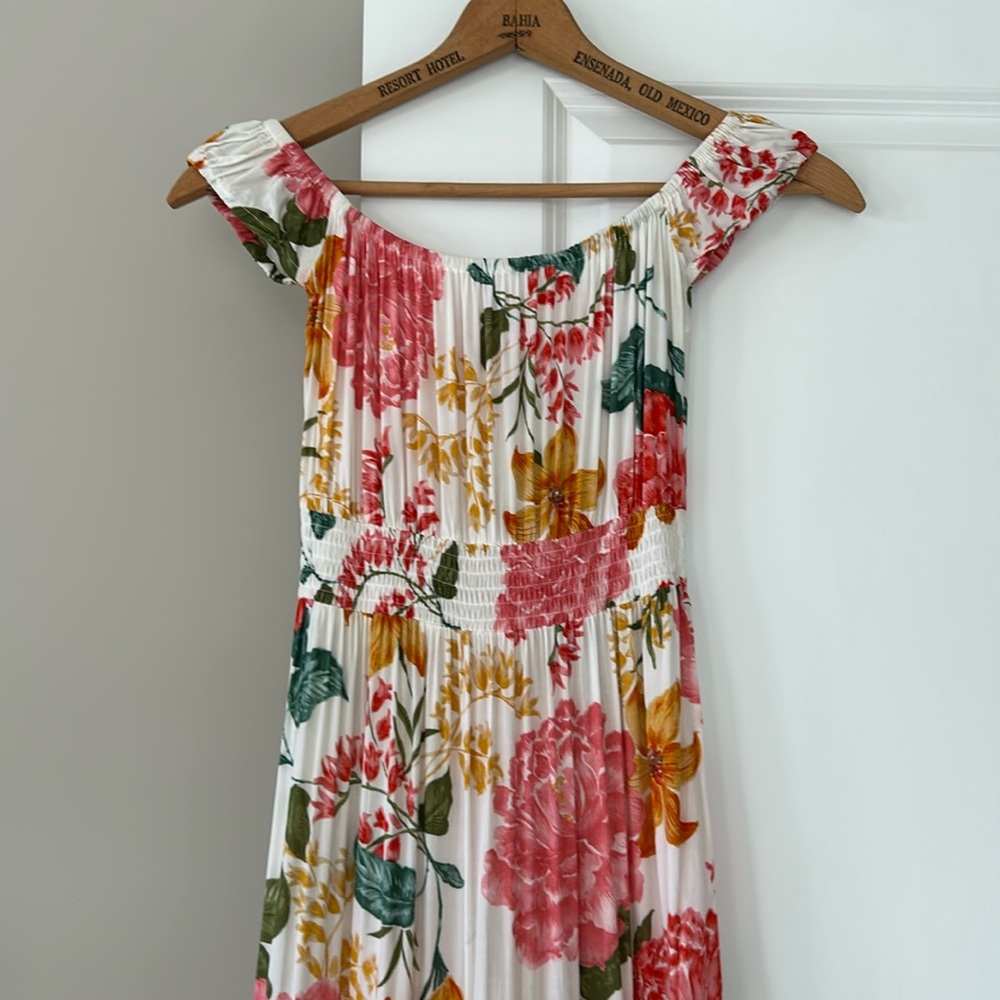 Anthro's Abel the Label Off the Shoulder Garden Party Maxi Dress w Smocked Waist - Picture 2 of 13